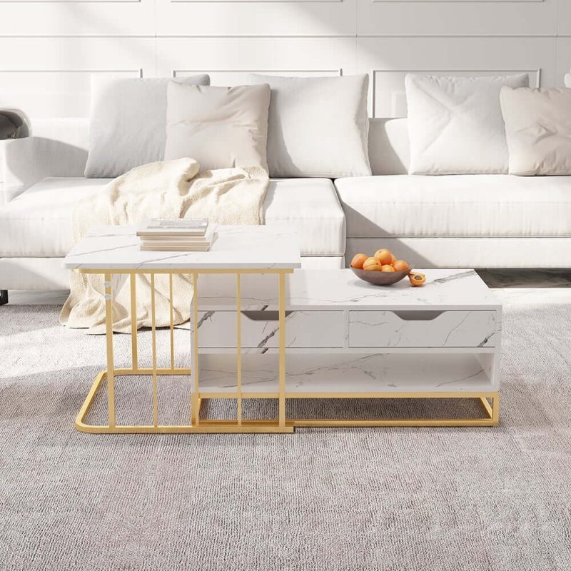 "Rectangle 2-Piece Nesting Set White Coffee Table with Metal Base and Storage"