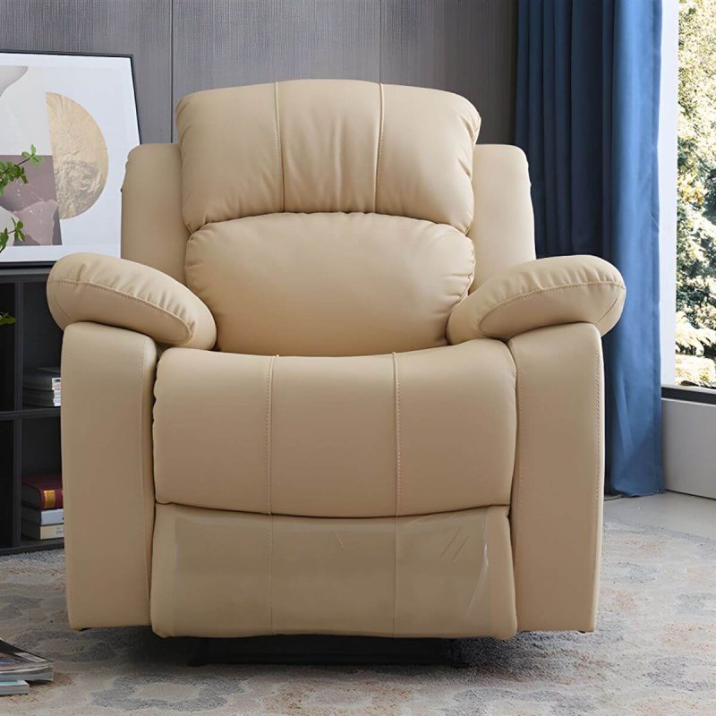 "Compact Wood Recliner with Locking Back Angle Adjustment and Independent Foot / Back Movement - Standard (No Motion) Microfiber Leather Off-White"