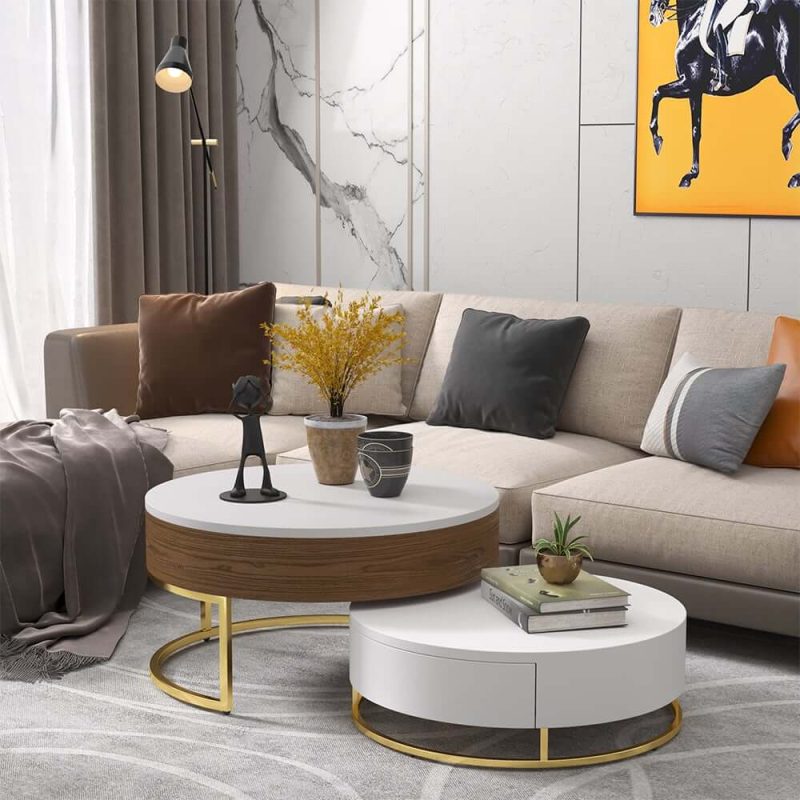 "Round 2-Piece Nesting Set Lift-Top Coffee Table and Wooden Coffee Table with 2 Drawers"