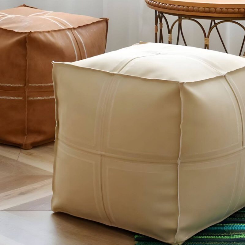 "Geometric Genuine Leather Square Pouf Ottoman for Modern Style - Removable Cushion Cover Included - Black 1 Piece"