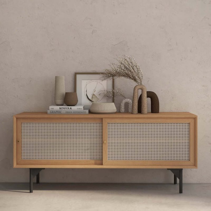"Cottage Natural 60 inch TV Stand with Rattan Woven Doors & Adjustable Shelves"