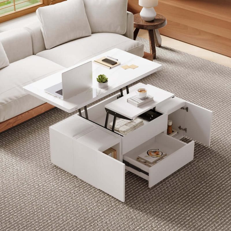"Modern White Lift Top Marble Coffee Table with Drawers & Storage Multifunction Table"