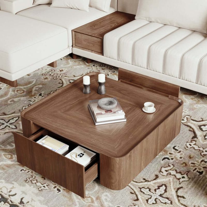 "35" Square Walnut Mid Century Coffee Table with Storage"