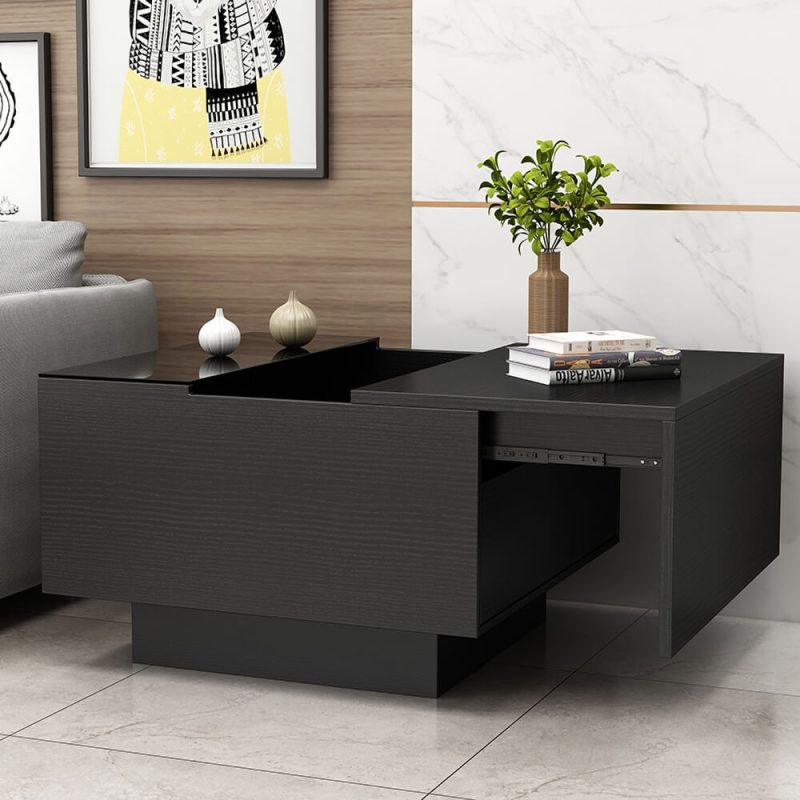 "23.6" Modern Black Wood Sqaure End Table with Storage"