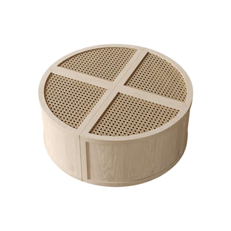 "Round to Square Block Modular Coffee Table White Oak Rattan with Storage 4 Piece"