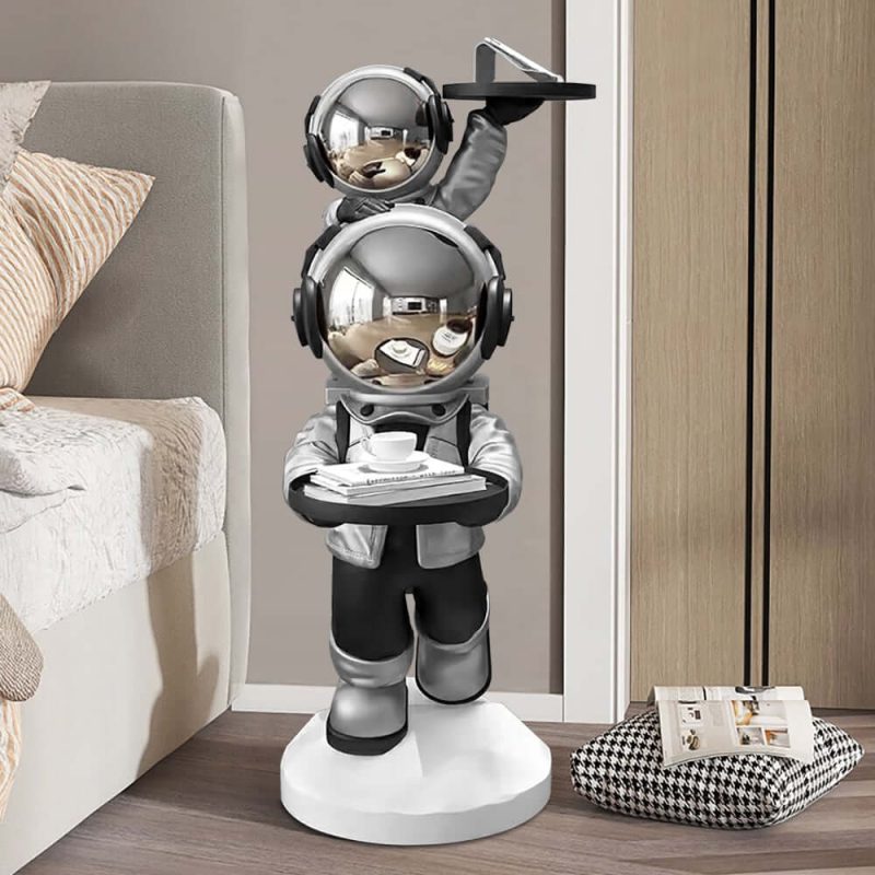 "Astronaut Resin Figurine Silver Side Table with Tray Top"