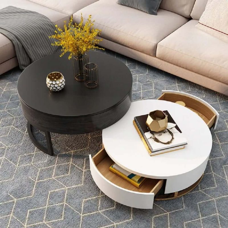 "Nesnesis Modern Round Lift-top Nesting Wood Coffee Table with Drawers White & Black"