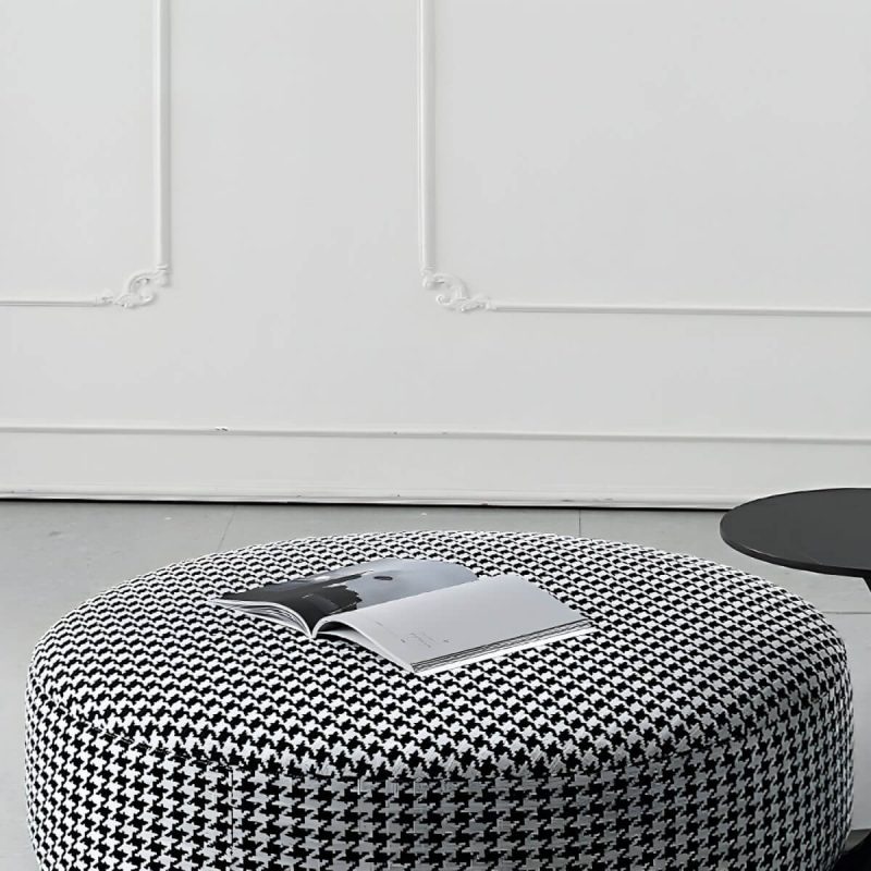 "Modern Round Houndstooth Vanity Stool with Cotton Upholstered and Wood Frame - 35.5"L x 35.5"W x 12.5"H"