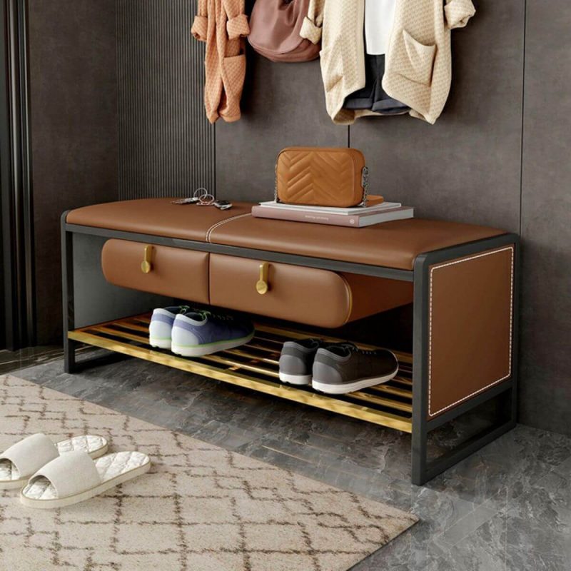 "Glam Faux Leather Rectangle Ottoman with Storage - Black Legs - 47"L x 16"W x 18"H Orange"