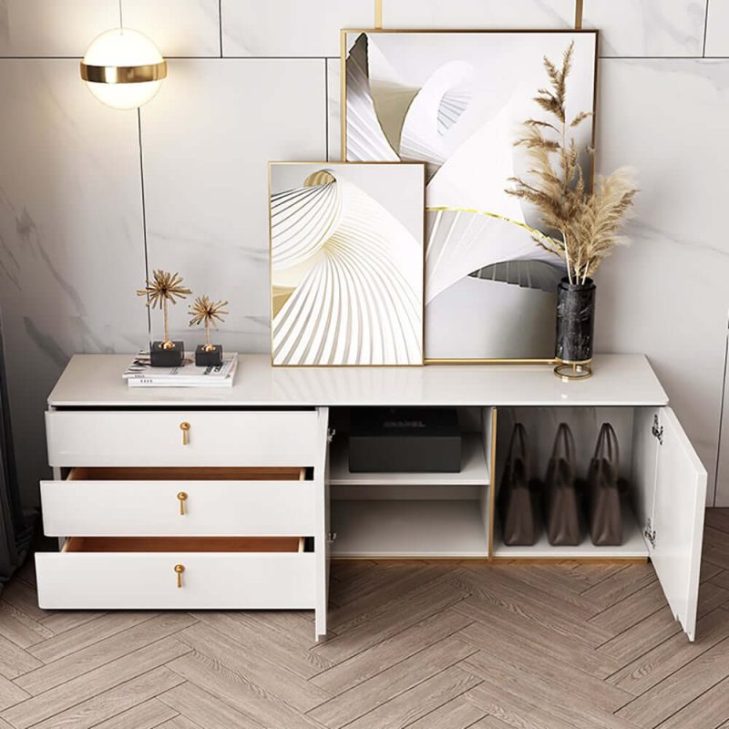 "Pewter Modern White Rectangular TV Stand with Drawers & Doors for TVs Up To 70""