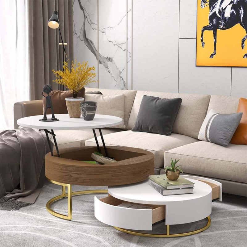 "Round 2-Piece Nesting Set Lift-Top Coffee Table and Wooden Coffee Table with 2 Drawers"