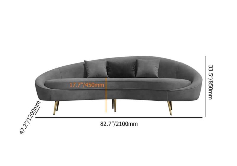 "Dimension of 83" Modern Gray Velvet 3-Seater Curved Sofa for Living Room with Gold Legs"