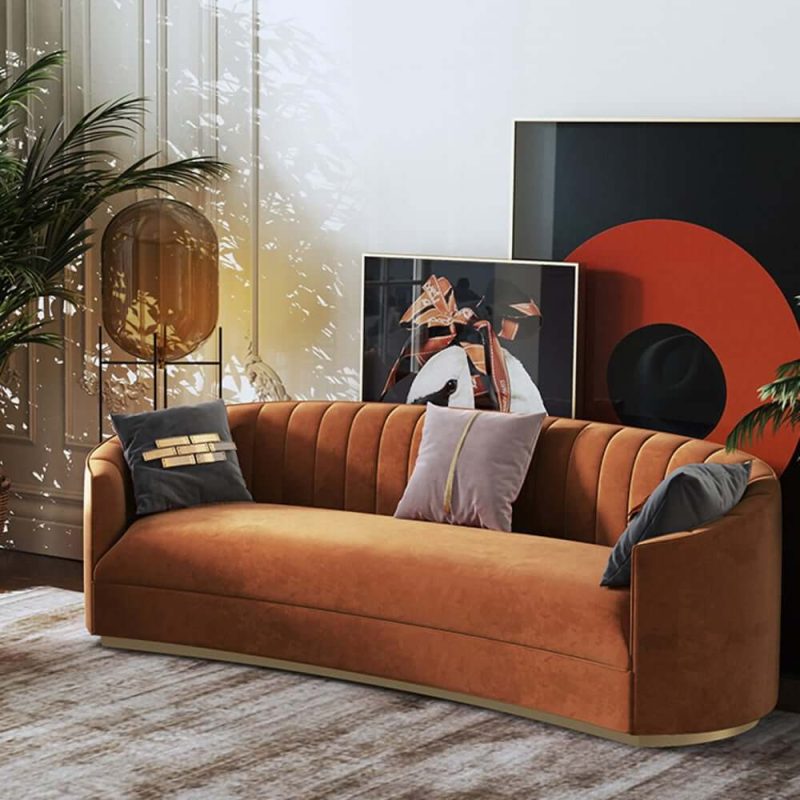 "70.9" Modern Velvet Couch Curved Sofa in Orange with Stainless Steel Base"