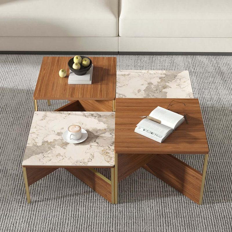 "39.4" Square Modern Sintered Stone Coffee Table Walnut Veneer Coffee Table in Gold Frame"