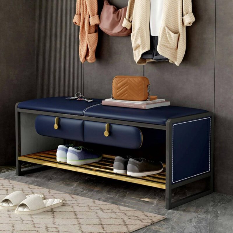 "Glam Faux Leather Rectangle Ottoman with Storage - Black Legs - 39"L x 16"W x 18"H Dark Blue"