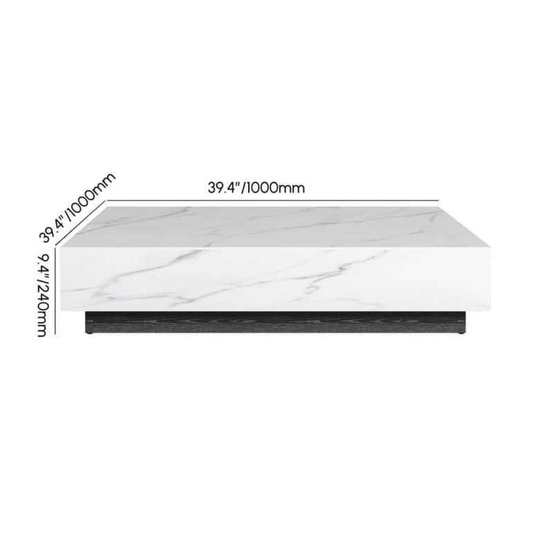 "Dimension of 39" Square Sintered Stone Block Coffee Table With Wood Base"