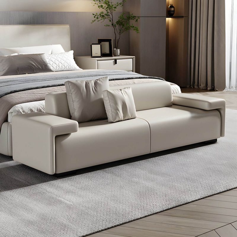 "Modern Solid Color Leather Upholstered Bedroom Bench with Arms - 59.1"L x 17.7"W x 21.7"H Off-White With Back"