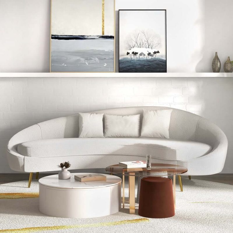 "95" Modern White Boucle Curved Sofa Stainless Steel Legs with Toss Pillows"