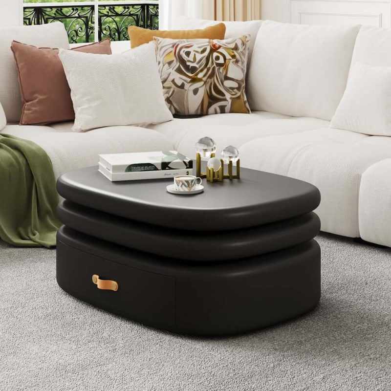"3-Tiered Modern Oval Black Pebbles Rotating Coffee Table with Storage"