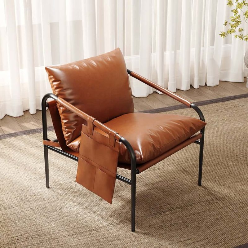 "Brown Leather Accent Chair with Metal Frame"
