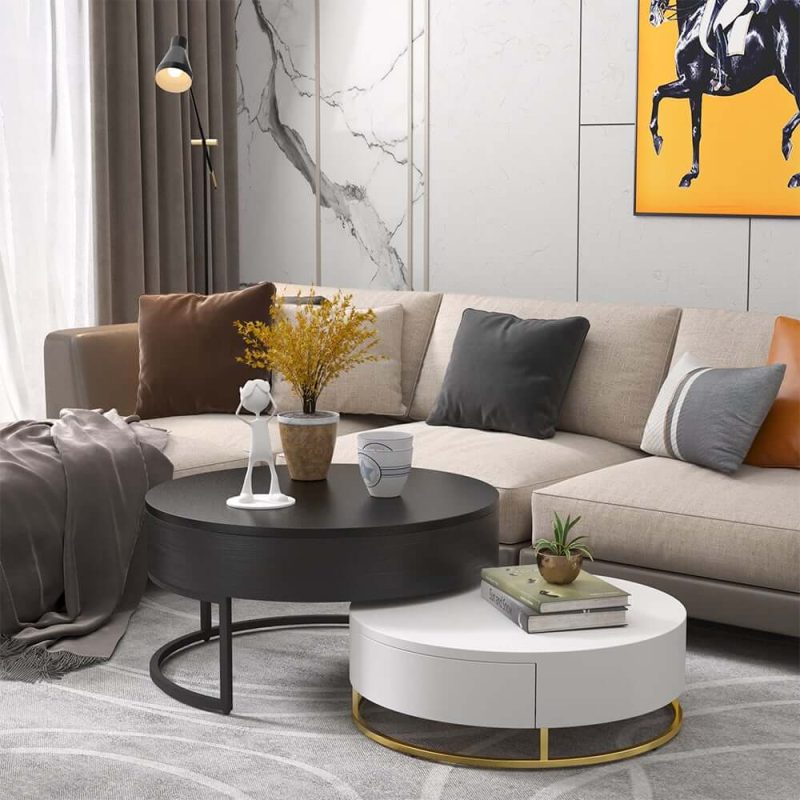 "Nesnesis Modern Round Lift-top Nesting Wood Coffee Table with Drawers White & Black"