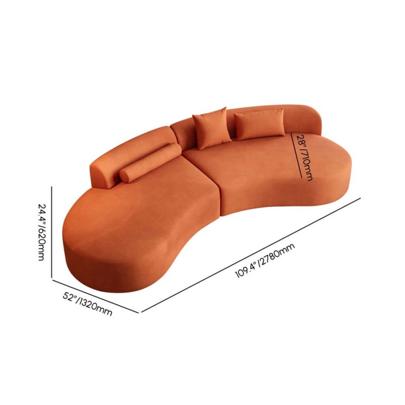 "Dimension of 109" 2-Piece Curved Velvet Sectional Sofa with Pillows"
