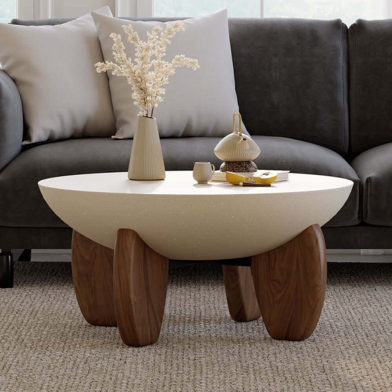 "118" Channel Sherpa Linen Sectional Sofa & Beige & Walnut Coffee Table Concrete Set"