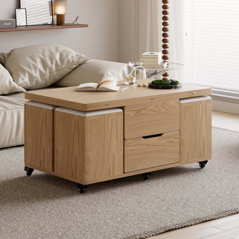 "39" Lift-Top Foldable Natural Coffee Table with 4 Stools & Storage"