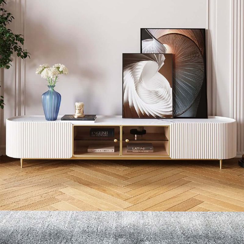 "Palley Modern Oval TV Stand with Storage & Glass Doors in White for TV Up to 85 Inch"