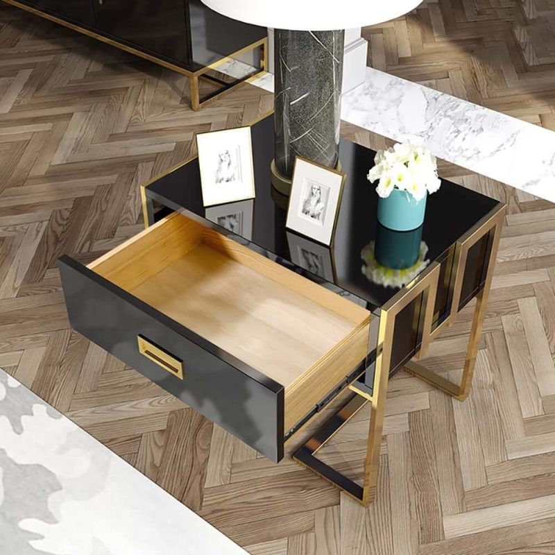 "Jocise Modern Black Wooden End Table with 1 Drawer & Golden Double Pedestal"