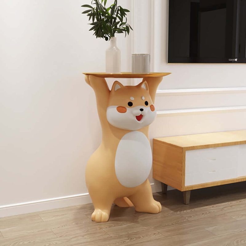 "Modern Dog Side Table Resin Figurine with Gold Tray"