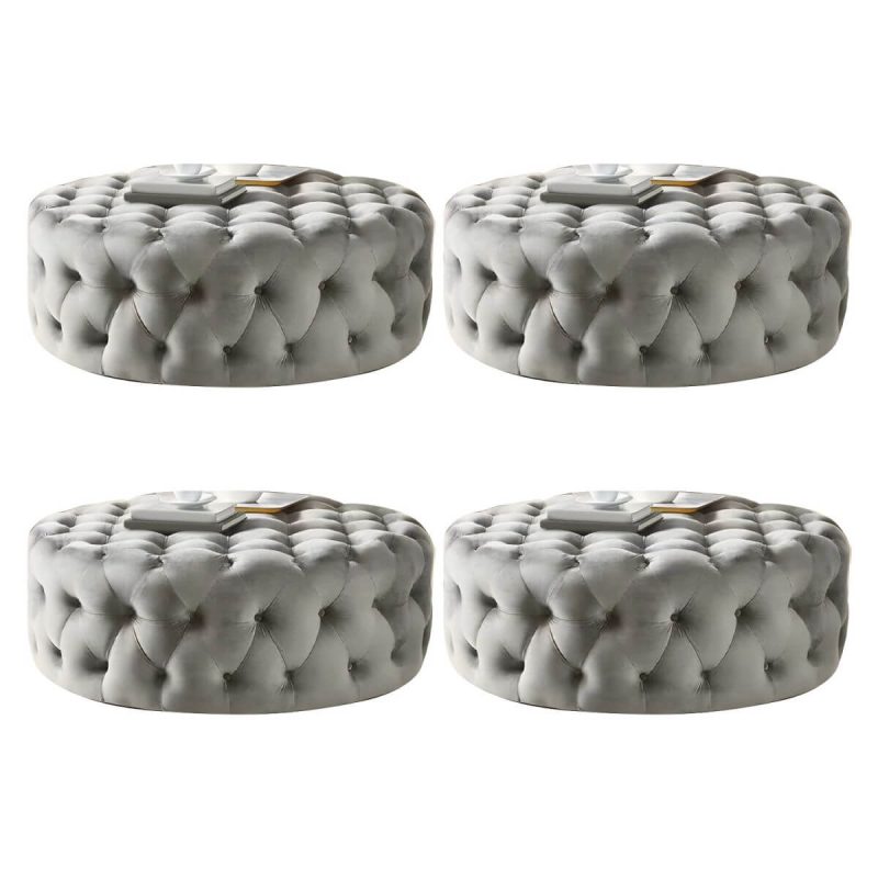 "Indoor Solid Color Contemporary Round Fabric Upholstered Tufted Cocktail - 4 Piece Set 43"L x 43"W x 17"H Light Gray"