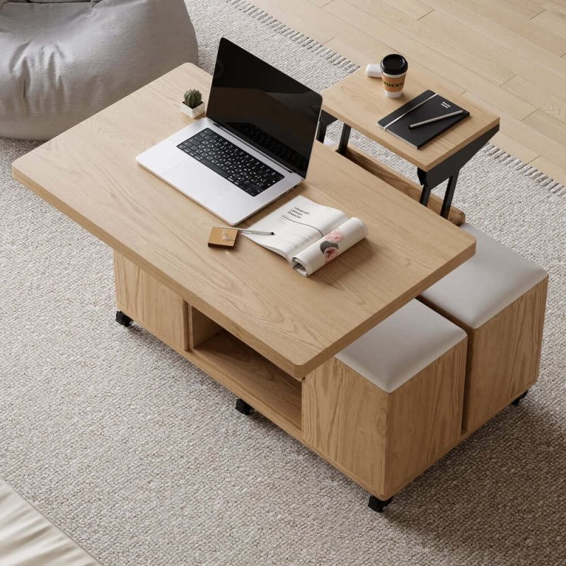 "39" Lift-Top Foldable Natural Coffee Table with 4 Stools & Storage"