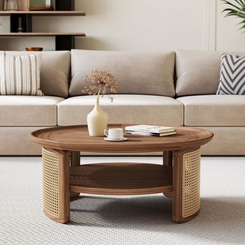 "2-Tiered Japandi Round  Walnut Wood Coffee Table with Storage Rattan Base"