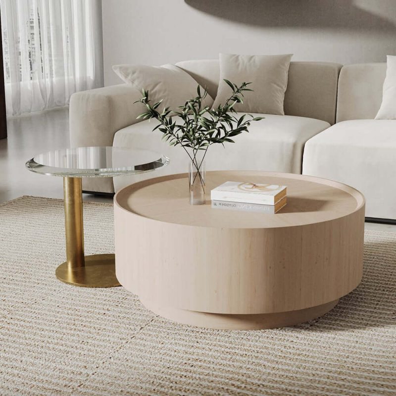 "Set of 2 Round Nesting Coffee Table Set White Oak with 2 Drawers in White & Clear & Gold"