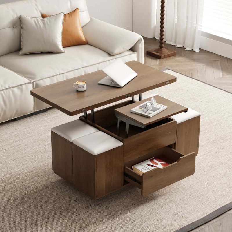 "39" Lift-Top Foldable Walnut Coffee Table with 4 Stools & Storage"