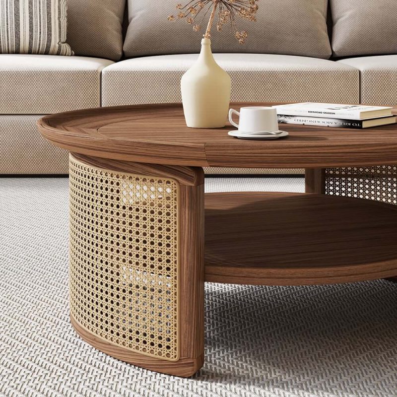 "2-Tiered Japandi Round  Walnut Wood Coffee Table with Storage Rattan Base"