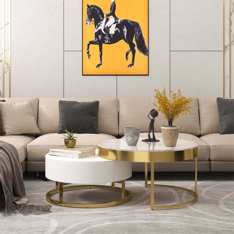"Nesnesis Modern Round Sintered Stone Nesting Wood Coffee Table with Drawers in White"