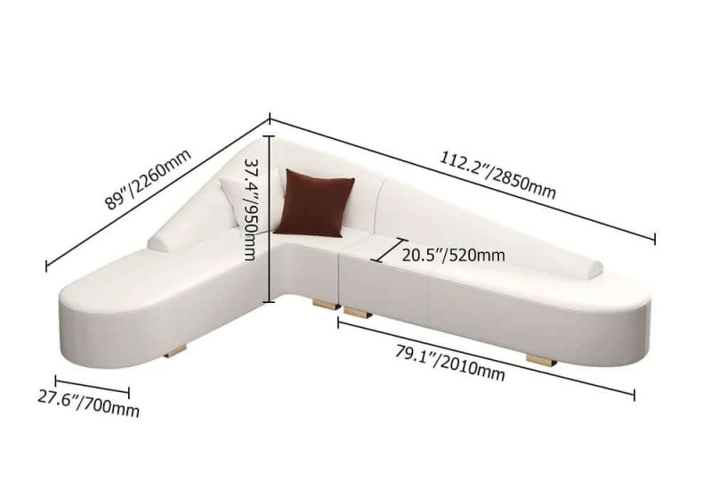 "Dimension of White Modern L-Shaped Corner Sectional Sofa for Living Room Faux Leather Upholstery"