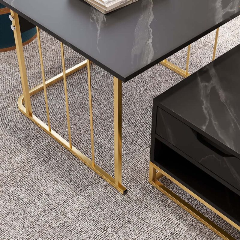 "Modern Nesting Coffee Table Set of 2 in Black with Drawers & Shelves"