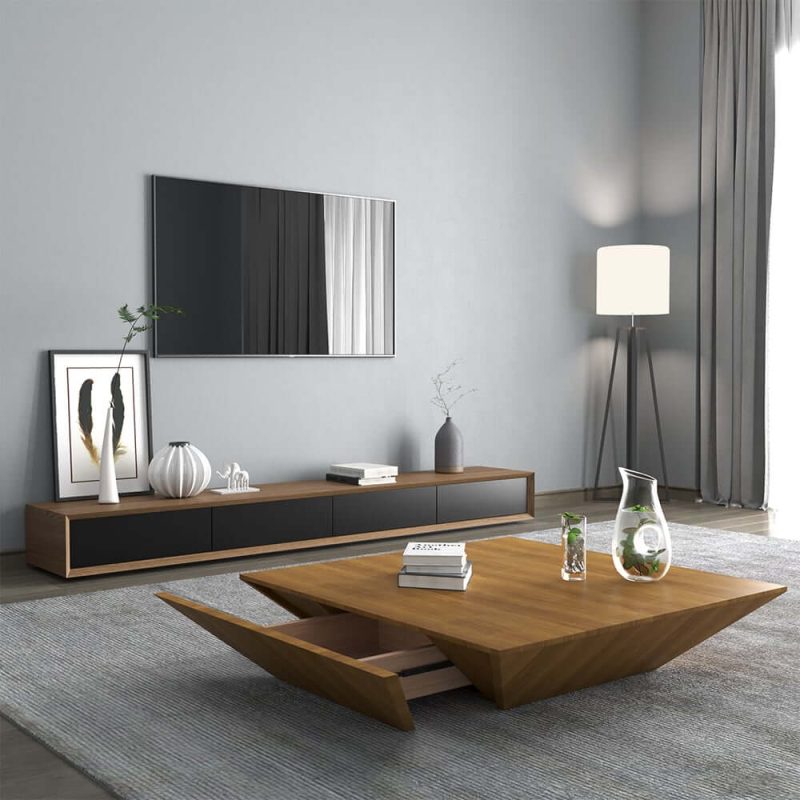 "Modern 87" Walnut & Black TV Stand Rectangle Media Console with 4 Drawers"