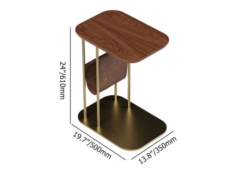 "Dimension of C-Shaped Walnut & Gold Rotating Side Table with Storage"