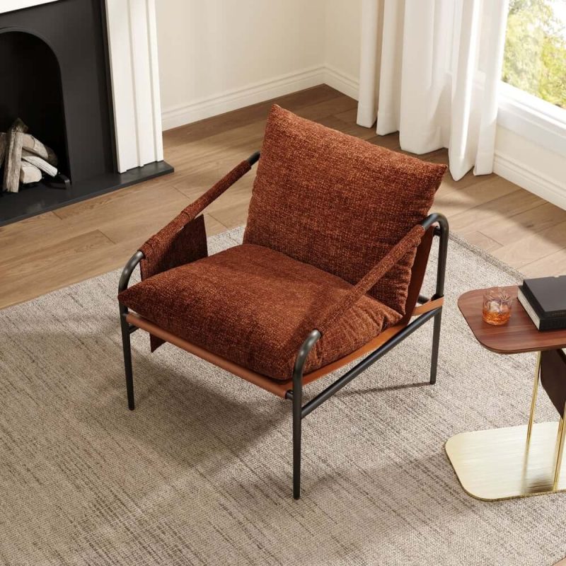 "Brown Chenille Accent Chair with Metal Frame"
