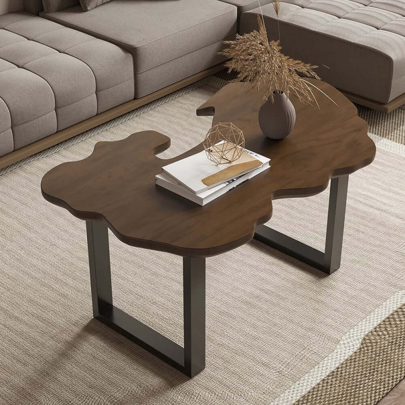 "Rustic 39.8" Live-Edge Coffee Table Walnut & Black with Wooden Tabletop & Metal Base "
