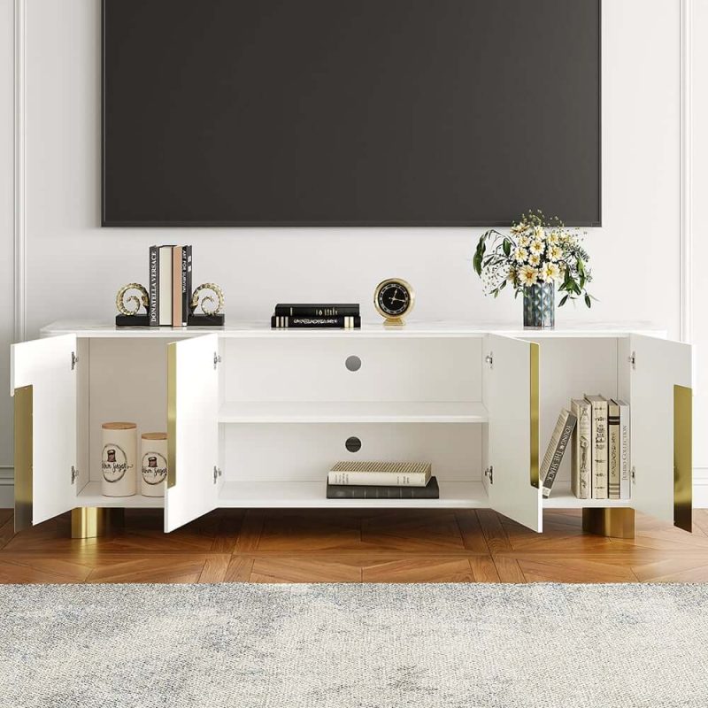 "Artus Modern Beige TV Stand Stone Top 4 Doors with Storage Media Console TVs up to 85""