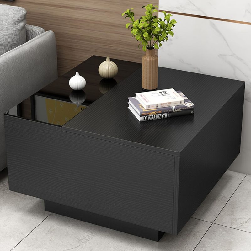 "23.6" Modern Black Wood Sqaure End Table with Storage"