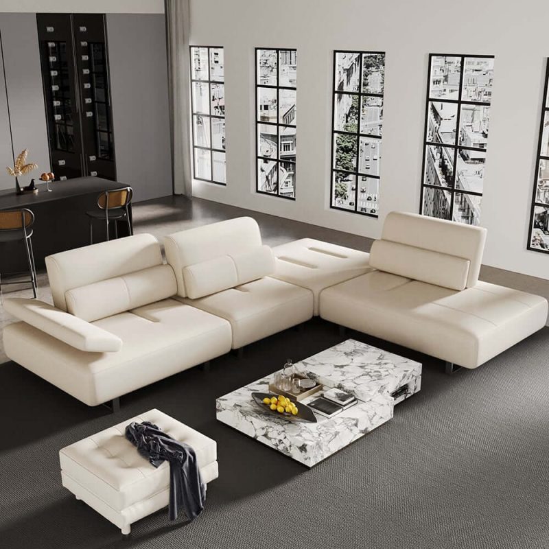 "134.6" White Leather Lounge Deep Seat Sectional Sofa with Adjustable Armrest & Backrest"