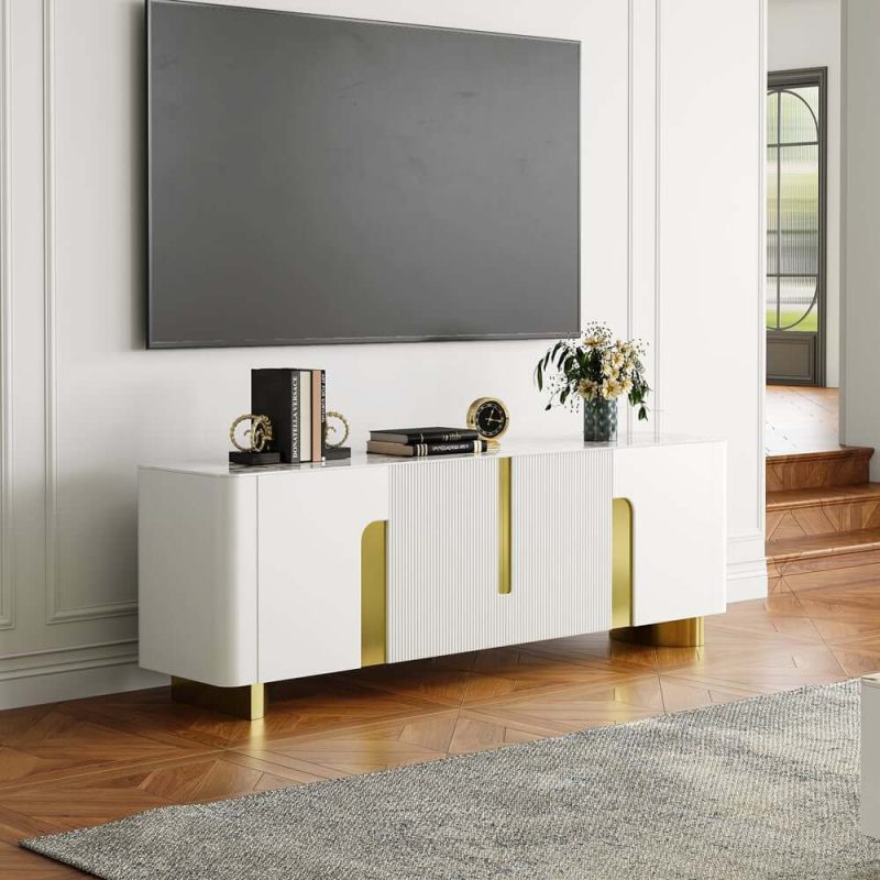"Artus Modern Beige TV Stand Stone Top 4 Doors with Storage Media Console TVs up to 85""