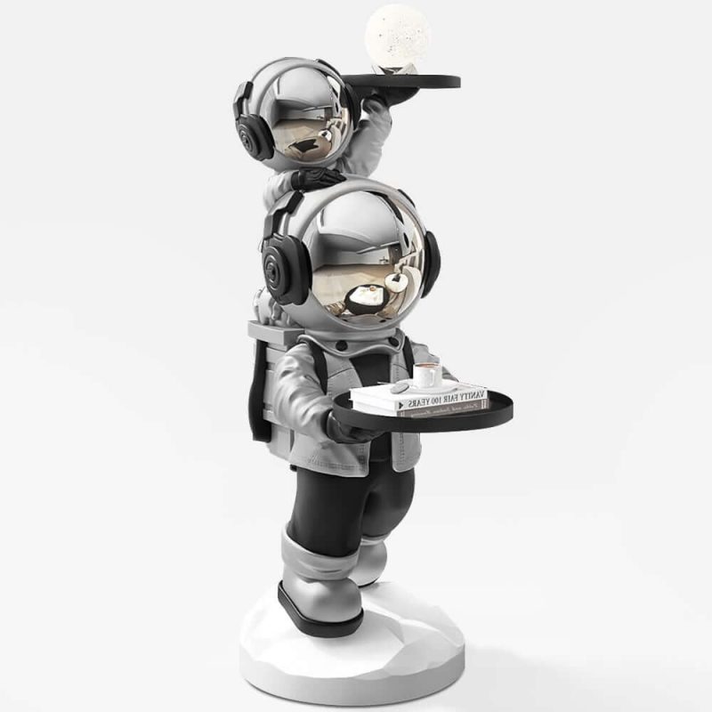"Astronaut Resin Figurine Silver Side Table with Tray Top"