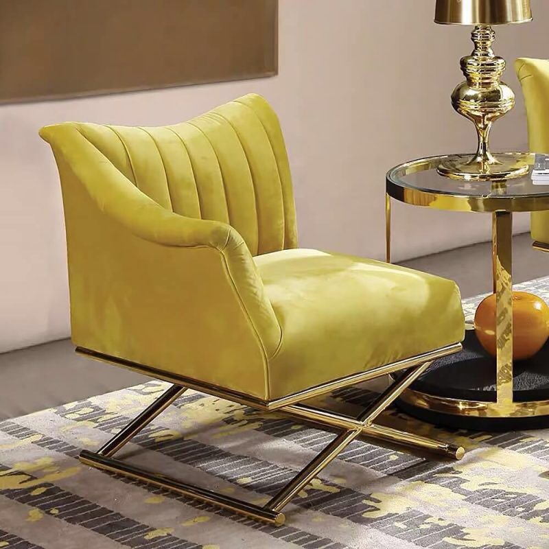 "Yellow Velvet-upholstered Accent Chair with Right Side Armrest and Gold Legs"